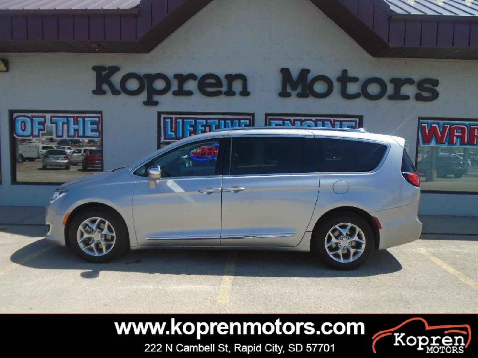 2018 Billet Silver Metallic Clearcoat /Black/Black/Black Chrysler Pacifica Limited (2C4RC1GG6JR) with an V6, 3.6L engine, 9-speed automatic transmission, located at 222 N Cambell St., Rapid City, SD, 57701, (866) 420-2727, 44.081833, -103.191032 - <b>Equipment</b><br>You'll never again be lost in a crowded city or a country region with the navigation system on this mini van. This 2018 Chrysler Pacifica has a clean CARFAX vehicle history report. Keep your hands warm all winter with a heated steering wheel in this model . with XM/Sirus Sate - Photo #0